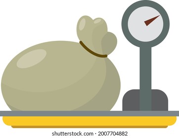 Bag of cargo. Weighing. A bag for storing cereals. The cart is hydraulic. Flat design.