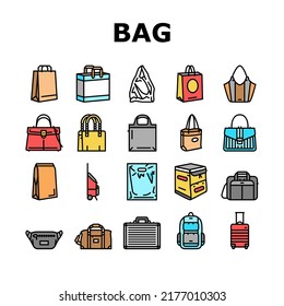 Bag For Carry Products And Goods Icons Set Vector. Fashion Handle Bag And Cart, Paper Package And Plastic Pouch, Business Case And Luggage Or Baggage, Delivery Box And Rucksack Color Illustrations