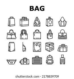 Bag For Carry Products And Goods Icons Set Vector. Fashion Handle Bag And Cart, Paper Package And Plastic Pouch, Business Case And Luggage Or Baggage, Delivery Box Rucksack Black Contour Illustrations