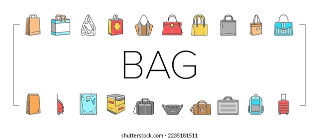 Bag For Carry Products And Goods Icons Set Vector. Fashion Handle Bag And Cart, Paper Package And Plastic Pouch, Business Case And Luggage Or Baggage, Delivery Box And Rucksack Color Illustrations