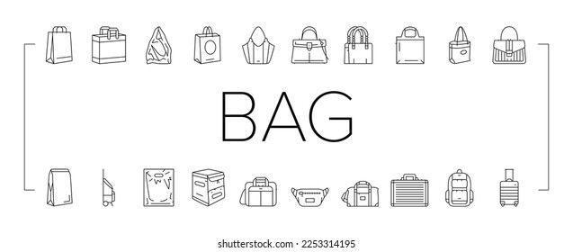 Bag For Carry Products And Goods Icons Set Vector. Fashion Handle Bag And Cart, Paper Package And Plastic Pouch, Business Case And Luggage Or Baggage, Delivery Box Rucksack Black Contour Illustrations
