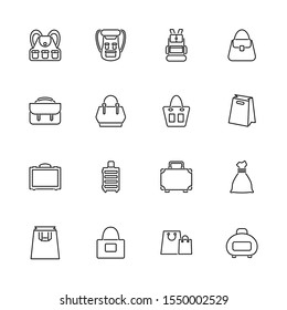 Bag Case, Backpack outline icons set - Black symbol on white background. Bag Case, Backpack Simple Illustration Symbol - lined simplicity Sign. Flat Vector thin line Icon - editable stroke