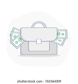 Bag or case full of money. Business illustration of Financial Success, investment, capital, wealth, business opportunities. Flat outline vector concept.