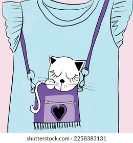 Bag cat illustration. Fashion girl tshirt graphic design and more