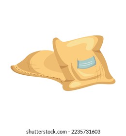 Bag of cereal grains cartoon illustration. Tied sack of flour, sugar, rice, wheat or rye with label isolated on white background. Agriculture, food concept
