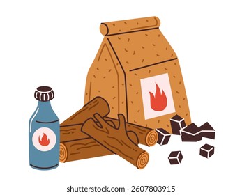 A bag of charcoal for grilling, firewood and ignition liquid. Bbq party. Vector illustration isolated on a white background