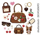 bag charm vintage vector cherry cheri chery key chain name tag dog puppy cute dog sunglasses chic bag ribbon bow heart 