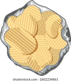 bag of chips top view, top view of open round potato snacks.