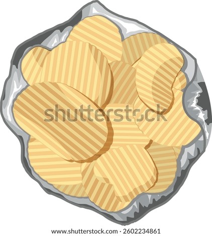 bag of chips top view, top view of open round potato snacks.