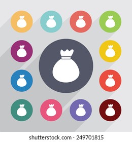 bag circle, flat icons set. Round colorful buttons 