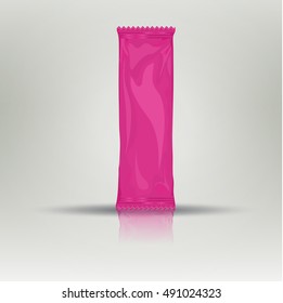 Bag clear with place for text or image. Pack glossy plastic for food or snack. Foil Package for snack or cookie purple color.