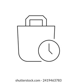 Bolsa y reloj. Estilo de línea de icono de horario de compras aislado en fondo blanco. Ilustración del vector