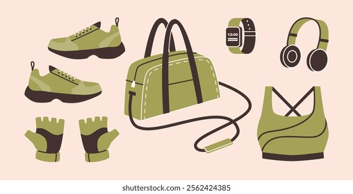 Bag and clothes for gym. Vector isolated set of sportive sack with shoes for training, gloves for lifting weight, sports watch and women top, headphones for listening to music while working out