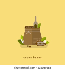 A bag of cocoa beans and the fruit of the chocolate tree. Vector flat illustration.