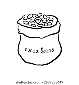 Bag of cocoa beans ink sketch. Vector illustration with heap of cocoa beans. Design element for template, logo, card, print, paper, sign,  wrapping. Chocolate ingredient, organic oil, food, beauty