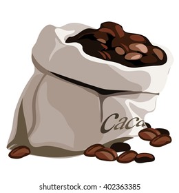 A bag of cocoa beans isolated on white background. Vector illustration.