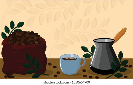 bag with coffee beans and a cup with cezve