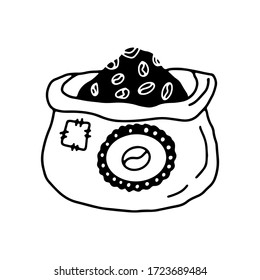 Bolsa con granos de café en estilo dibujado a mano. Colección de café sobre un fondo blanco aislado. Ilustración vectorial de material.