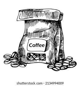 bag with coffee beans. Doodle style, sketch