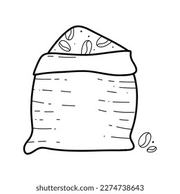 Bag with coffee beans in doodle style. Vector illustration. Isolated package with coffee in line style.