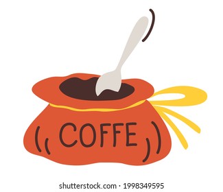 Bag of coffee beans. Food ingredient. Natural product. Housekeeping and agriculture equipment. Open hessian bag for coffee grains. Vector flat illustration.
