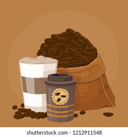 bag of coffee beans and coffee in a glass