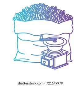 bag of coffee beans and griding with crank gradient color silhouette from blue to purple vector illustration
