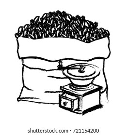 bag of coffee beans and griding with crank monochrome blurred silhouette vector illustration