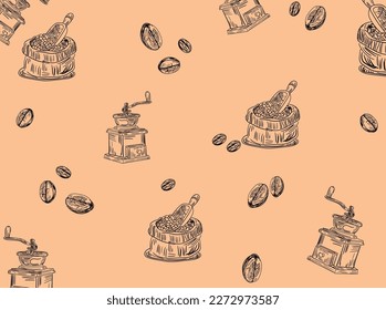 a bag of coffee, coffee beans, and a coffee grinder. A background of beans, a bag of scoops for beans, and a coffee grinder. Background in a cafe.