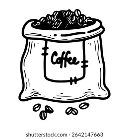 Bag of coffee beans. Hand drawn doodle vector. Fabric packaging. For brewing a drink at home and in a cafe. Beverage espresso, latte, cappuccino. Illustration line art element.