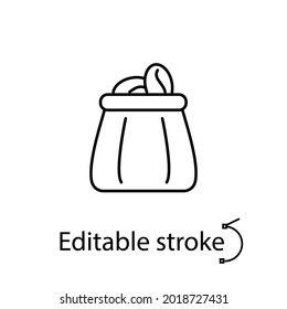 Bolsa con un icono de contorno de granos de café. Símbolo de contorno lineal personalizable. Trazo editable. Ilustración aislada de las existencias vectoriales