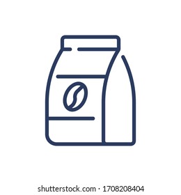 Bag of coffee beans thin line icon. Fresh roasted, crop, seed, shop, package isolated outline sign. Breakfast drink or cafe concept. Vector illustration symbol element for web design and apps