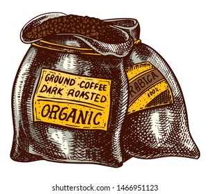 Bag of coffee beans in vintage style. Hand drawn engraved retro sketch. Organic natural plant, template for a label or menu.