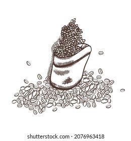 A bag of coffee on the background of coffee beans.