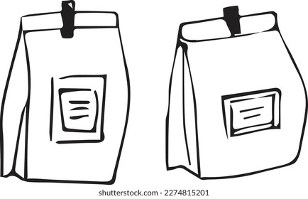 Una bolsa de un vector de café. Arte de la línea de bolsos de papel. Arte de la línea de café.