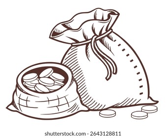 Saco de Moedas. Saco desenhado de moedas caras. Ilustração vetorial