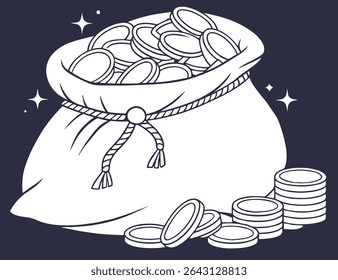 Saco de Moedas. Saco desenhado de moedas caras. Ilustração vetorial
