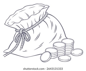 Saco de Moedas. Saco desenhado de moedas caras. Ilustração vetorial