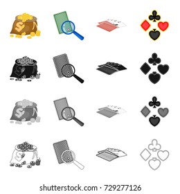 A bag of coins, a marked card, a deck of playing cards in the casino, a card suit. Casino set collection icons in cartoon black monochrome outline style vector symbol stock illustration isometric web.