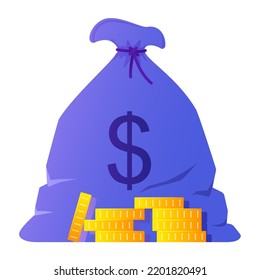 Bolsa de monedas - moderno diseño plano estilo imagen aislada única. Clara ilustración detallada del oro y los dólares. Tesoro, ahorros, dinero y finanzas, efectivo, depósitos bancarios, inversiones e ingresos