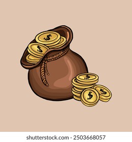 bag with coins. bag of money with coins. brown bag in cartoon style. vector illustration