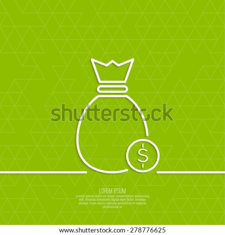 Bag with coins on a green background with triangles. Symbol of winning a prize, an award money.