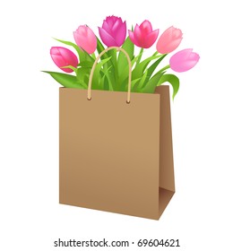 Bag With Color Tulips, Isolated On White Background, Vector Illustration