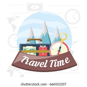 bag and compass with snowy mountains cloudy