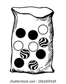 A bag contains ten marbles of the same size: three are identical white marbles; three are identical striped marbles and four black marbles, vintage line drawing or engraving illustration.