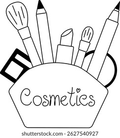 Bag with cosmetics composition. Vector graphic line illustration. Black and white cute cosmetic makeup art. Banner, poster, wrapping paper, sticker, print, modern textile design.
