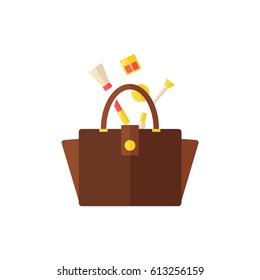 Bag with cosmetics isolated icon on white background. Women bag. Inside the bag. Lipstick, nail polish, hand cream, eyeshadow, makeup brush, mirror. Flat vector illustration design. 
