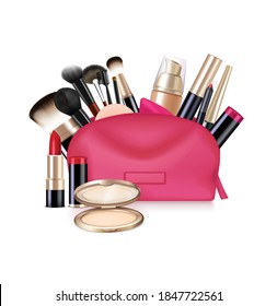 Bag with cosmetics realistic composition with isolated image of open vanity case with brushes and lipstick vector illustration