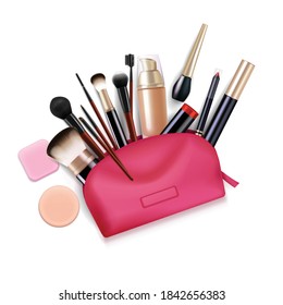 Bag with cosmetics realistic composition with top view of pink toiletry case with applicator brushes eyeliners vector illustration