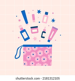 Bag with cosmetics. Skin care concept. Beauty routine. Vector illustration